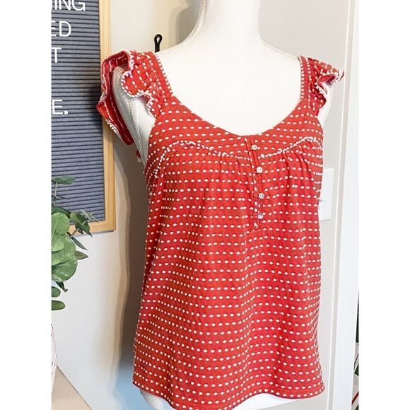 Lucky Brand Red and White Textured Swiss Dots Ruffle Shoulder Tank - Size S - Picture 2 of 6
